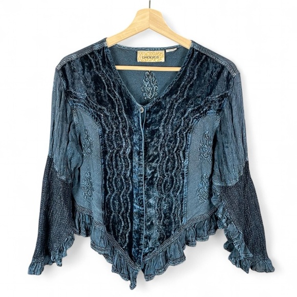 L’Pogee Tops - L’Pogee Whimsigoth Boho Velvet Ruffle Lace Button-Up Blouse Blue Embroidered OS
